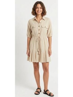 Grace & Karma Linen Blend Utility Mini Dress Size M Beige Button Front Boho NWT‎